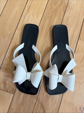Jeffrey Campbell White Bow Slide Sandals with Black Footbed
